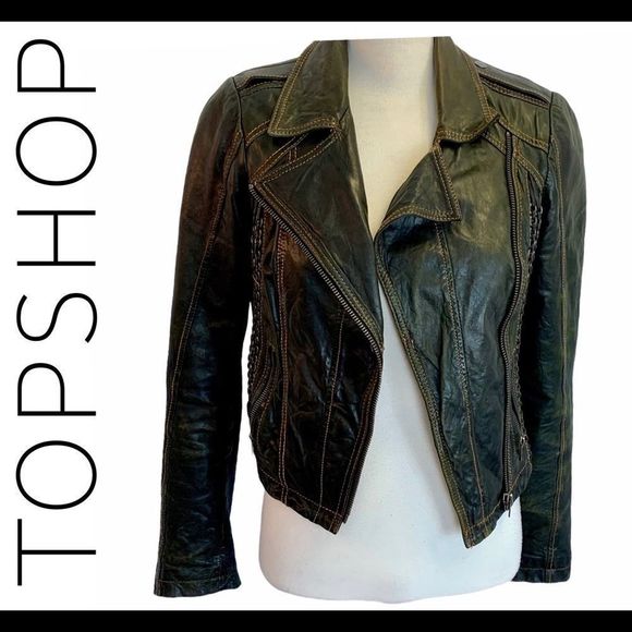 Topshop dark green leather jacket size 4 - Picture 2 of 12